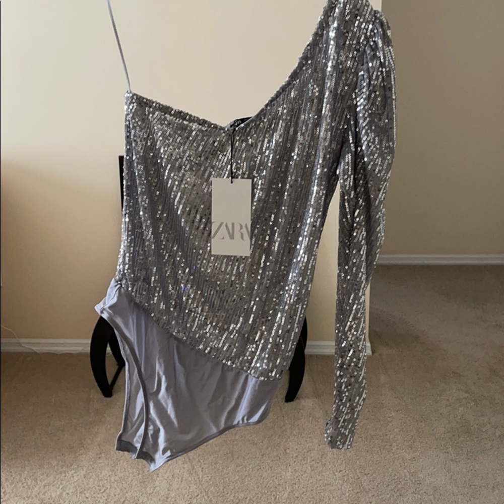 Zara Silver Sequence One Shoulder Open Bodysuit - image 1